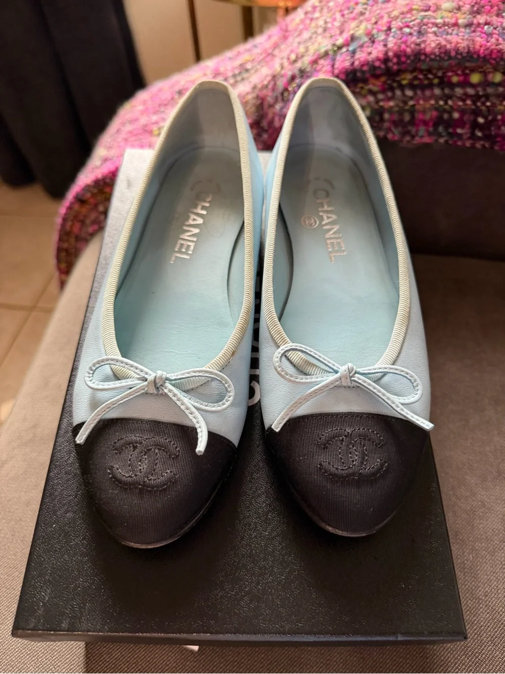 Chanel Two Tone Leather Ballet Flats Light Blue Black CC Bow Shoes 36.5